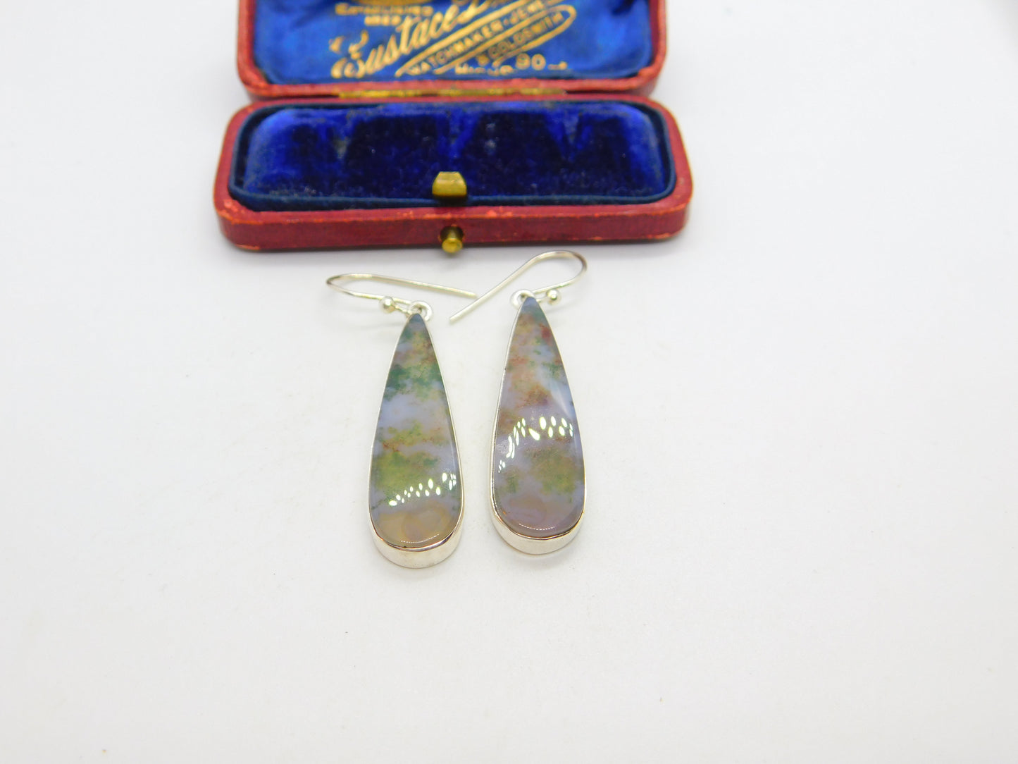 Sterling Silver Mounted Moss Agate Drop Earrings Vintage c1970