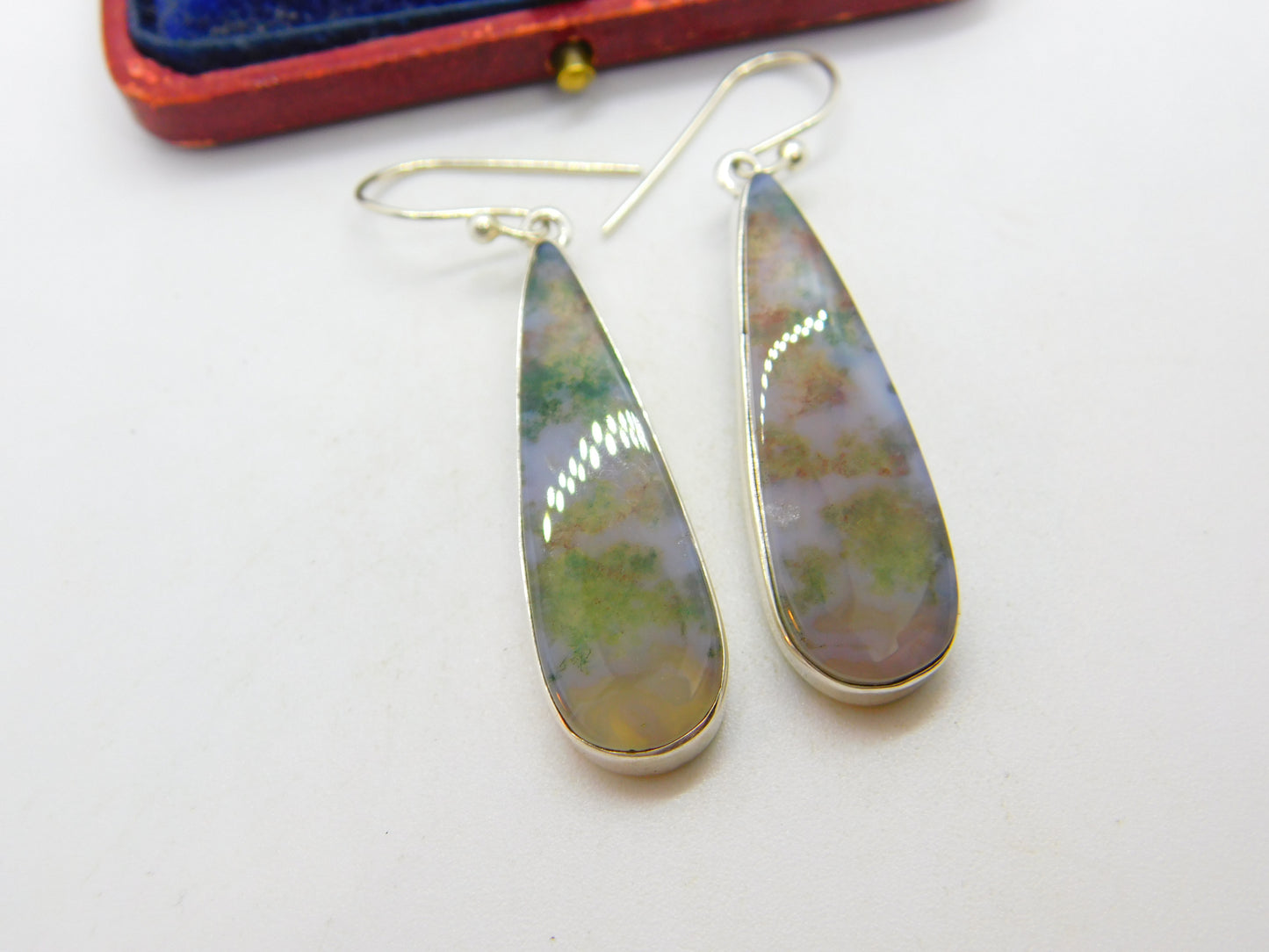 Sterling Silver Mounted Moss Agate Drop Earrings Vintage c1970