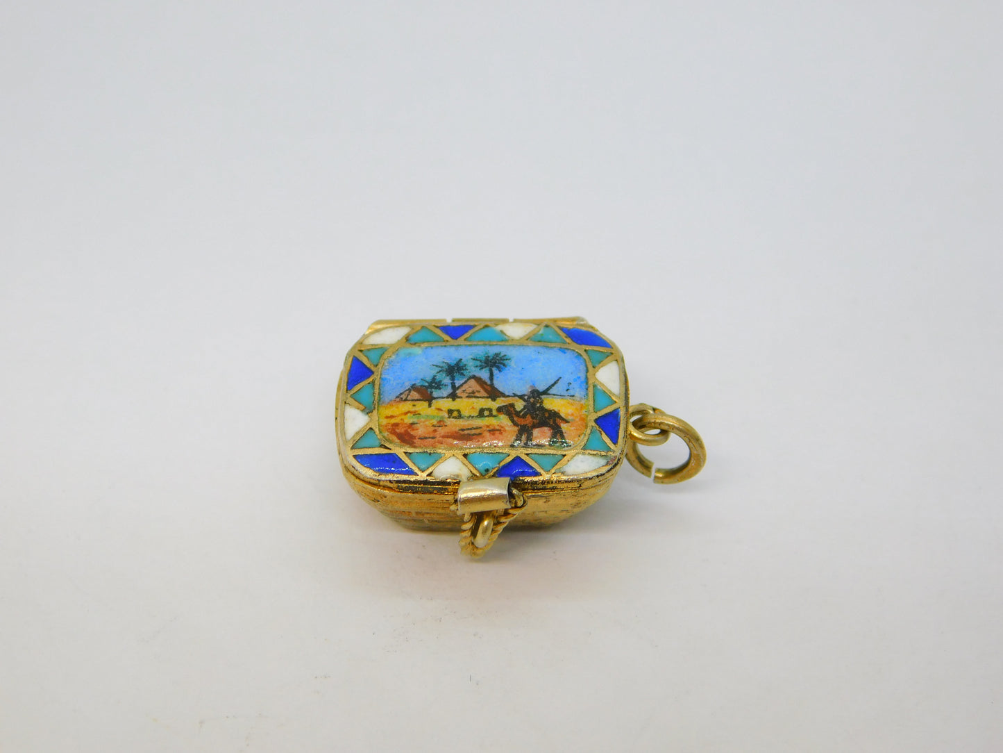 Egyptian Sterling Silver & Enamel Moses Basket Charm Antique c1920 Art Deco