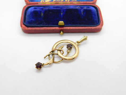 Edwardian 9ct Gold, Garnet & Seed Pearl Lavalier Drop Pendant Antique c1910