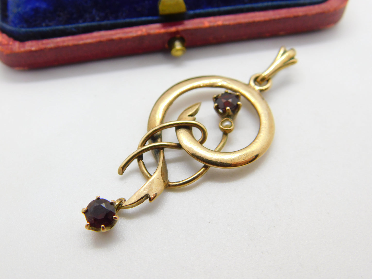 Edwardian 9ct Gold, Garnet & Seed Pearl Lavalier Drop Pendant Antique c1910