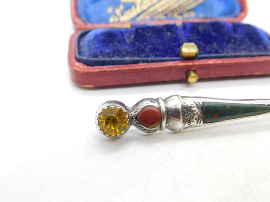 Edwardian Sterling Silver Bloodstone, Agate & Citrine Dirk Brooch 1906 Antique