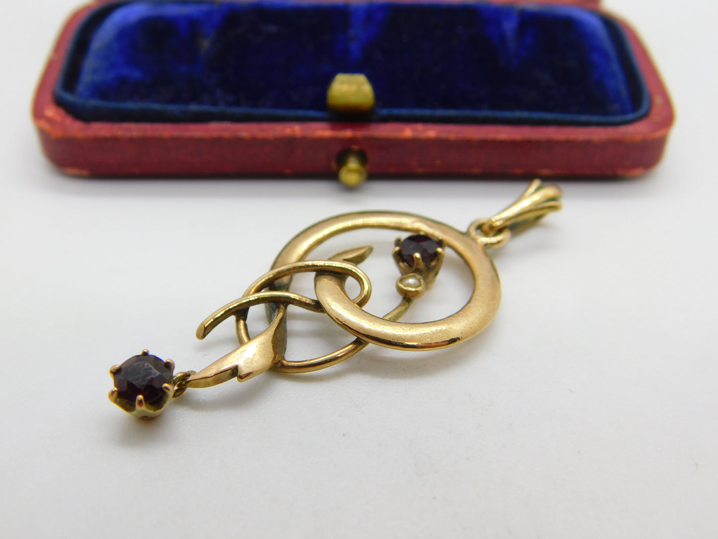 Edwardian 9ct Gold, Garnet & Seed Pearl Lavalier Drop Pendant Antique c1910