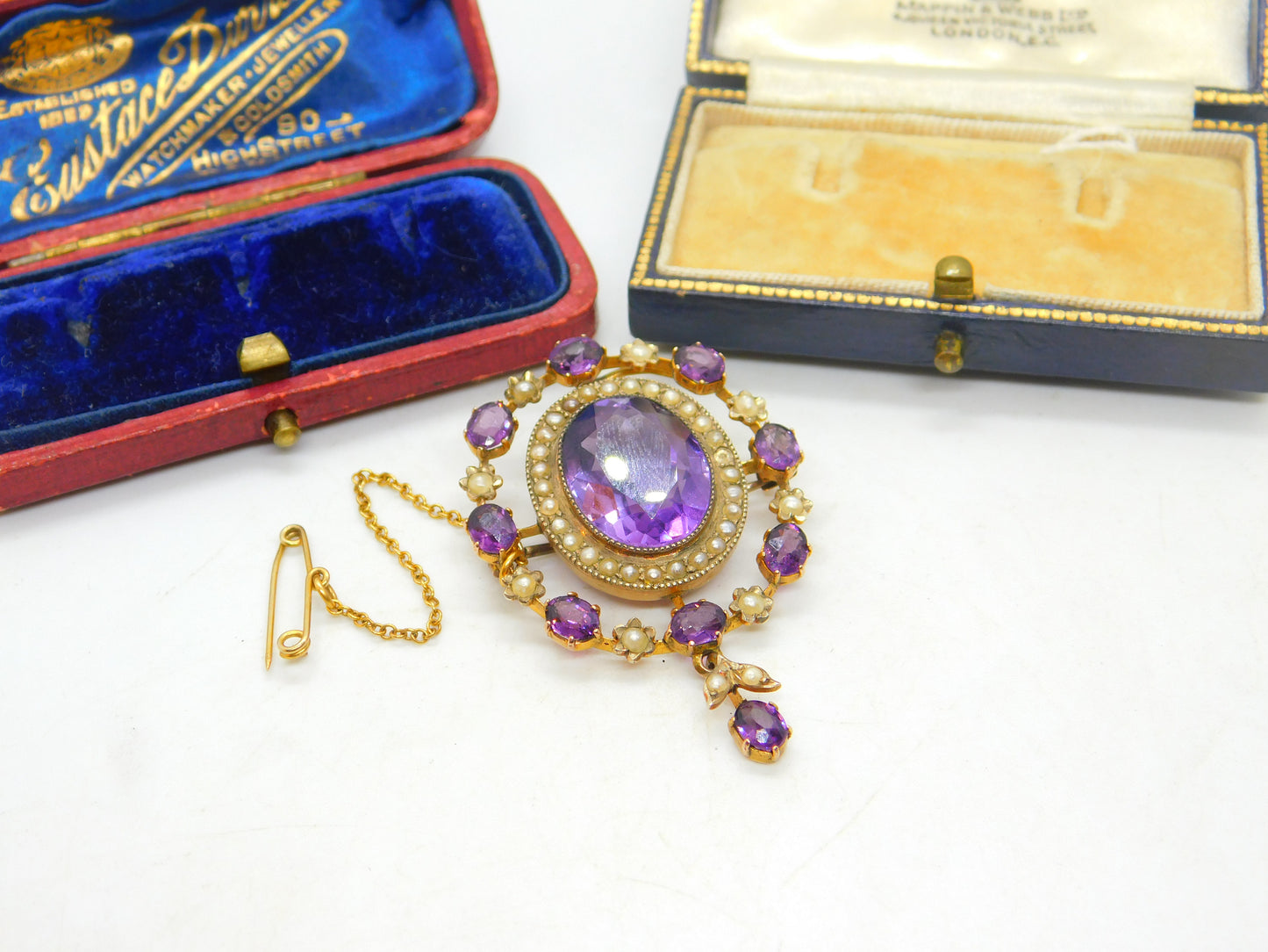 Edwardian 15ct Gold Amethyst & Seed Pearl Statement Brooch Pendant Antique c1910