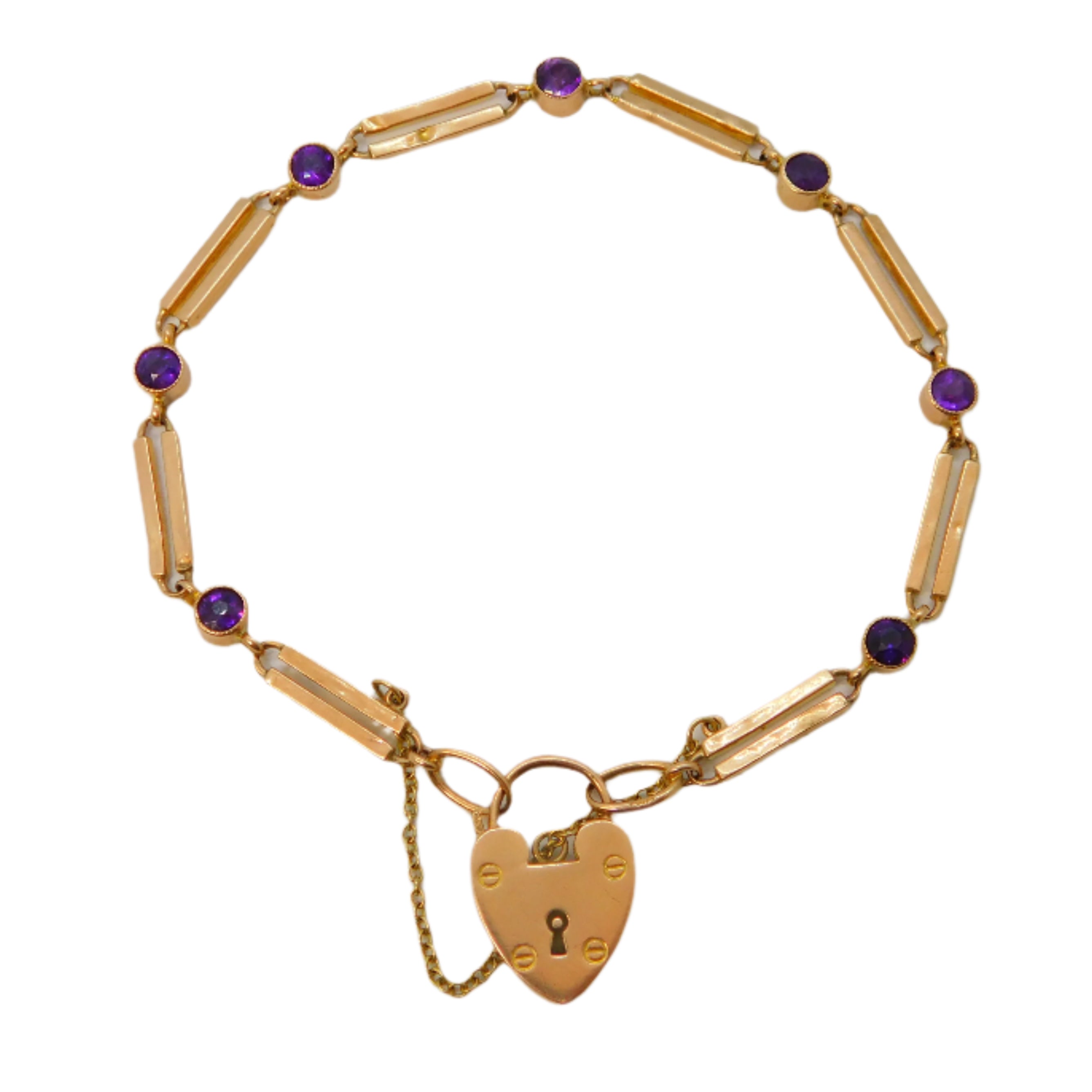 Antique 9ct Gold Amethyst Charm Bracelet