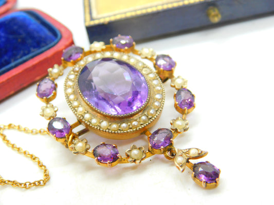 Edwardian 15ct Gold Amethyst & Seed Pearl Statement Brooch Pendant Antique c1910