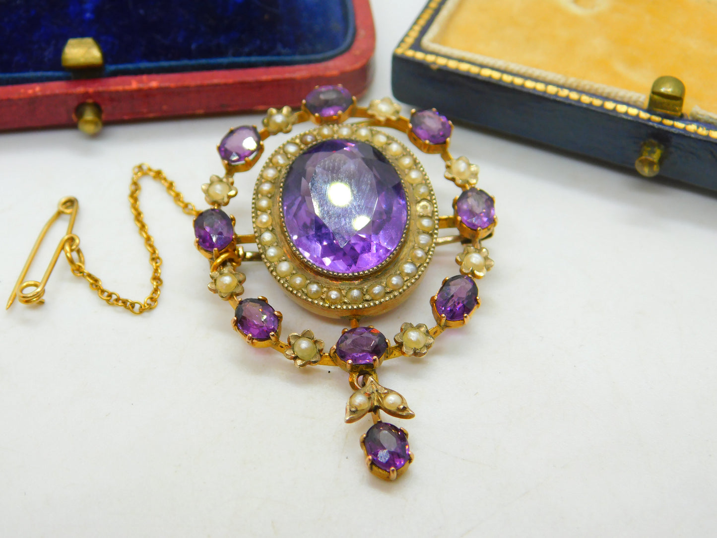 Edwardian 15ct Gold Amethyst & Seed Pearl Statement Brooch Pendant Antique c1910