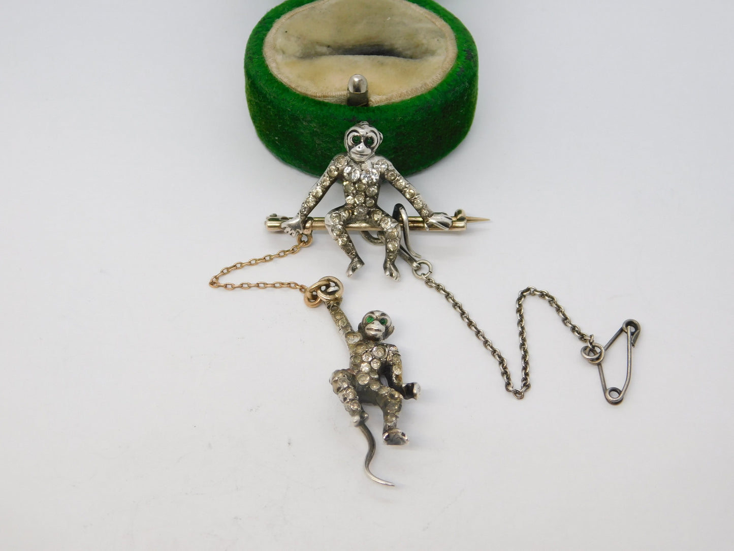 19th Century Sterling Silver, Gold & Paste Monkey Drop Brooch Antique c1880