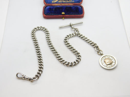 Sterling Silver Albert Watch Chain with Fob Antique 1911 Birmingham Art Deco