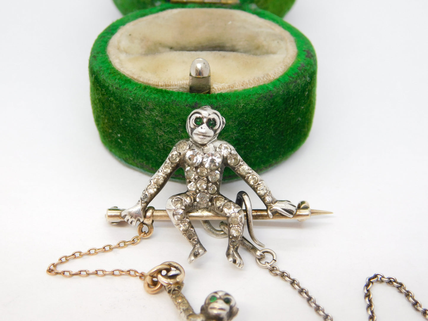 19th Century Sterling Silver, Gold & Paste Monkey Drop Brooch Antique c1880