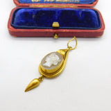 Victorian 18ct Gold & Carved Female Cameo Mourning Drop Pendant Antique c1860
