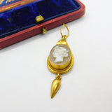 Victorian 18ct Gold & Carved Female Cameo Mourning Drop Pendant Antique c1860
