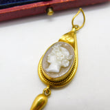 Victorian 18ct Gold & Carved Female Cameo Mourning Drop Pendant Antique c1860