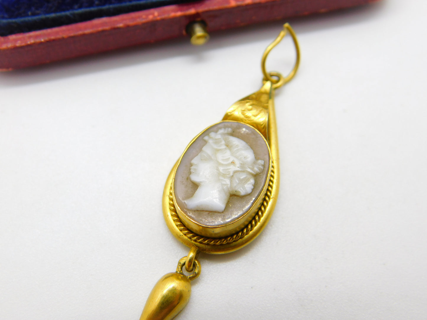 Victorian 18ct Gold & Carved Female Cameo Mourning Drop Pendant Antique c1860