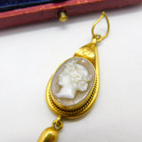 Victorian 18ct Gold & Carved Female Cameo Mourning Drop Pendant Antique c1860