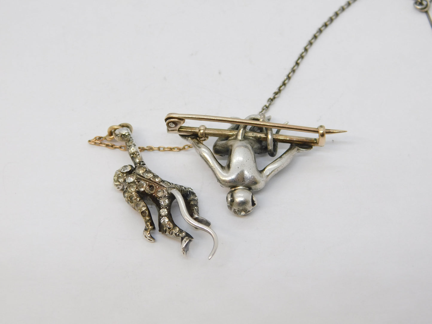 19th Century Sterling Silver, Gold & Paste Monkey Drop Brooch Antique c1880