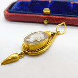 Victorian 18ct Gold & Carved Female Cameo Mourning Drop Pendant Antique c1860