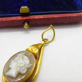 Victorian 18ct Gold & Carved Female Cameo Mourning Drop Pendant Antique c1860
