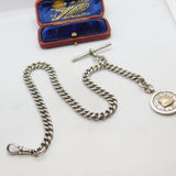 Sterling Silver Albert Watch Chain with Fob Antique 1911 Birmingham Art Deco