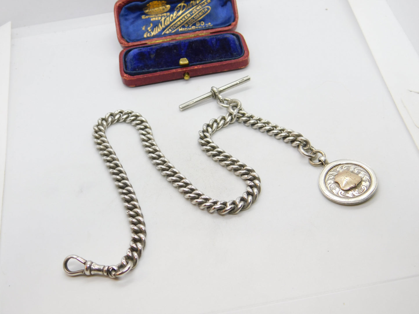 Sterling Silver Albert Watch Chain with Fob Antique 1911 Birmingham Art Deco