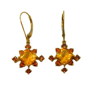 9ct Yellow Gold, Citrine & Garnet Set Floral Hook Earrings Vintage c1980