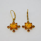 9ct Yellow Gold, Citrine & Garnet Set Floral Hook Earrings Vintage c1980
