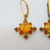 9ct Yellow Gold, Citrine & Garnet Set Floral Hook Earrings Vintage c1980