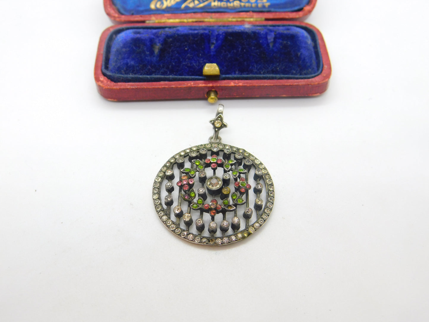 Victorian Austrian Sterling Silver & Colourful Paste Set Floral Pendant c1860