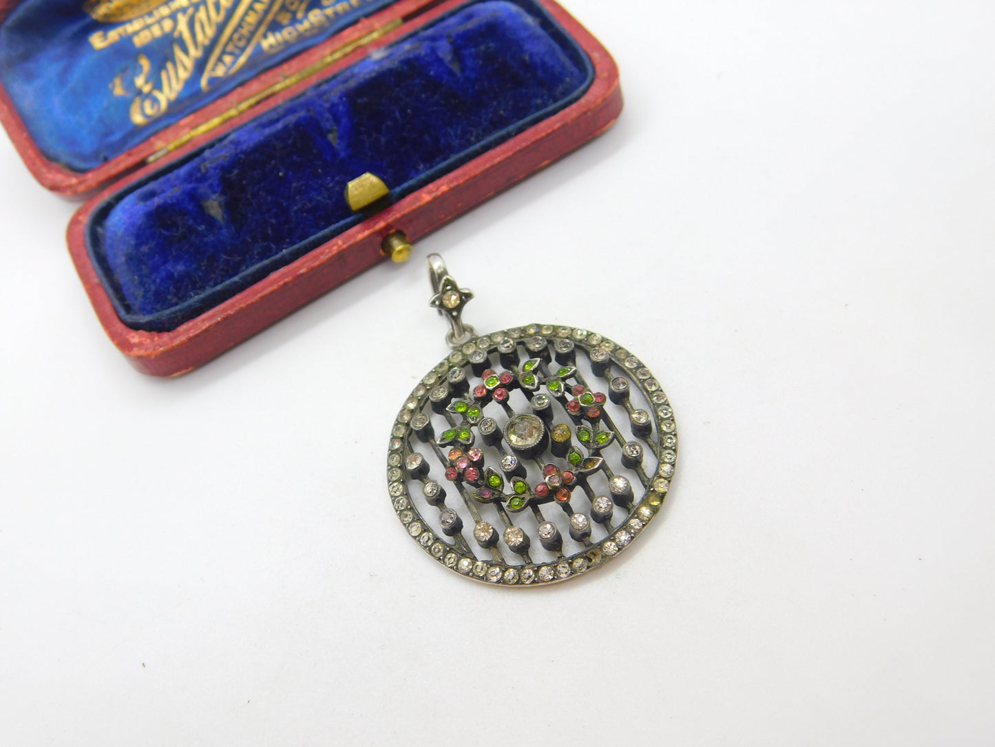 Victorian Austrian Sterling Silver & Colourful Paste Set Floral Pendant c1860