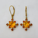 9ct Yellow Gold, Citrine & Garnet Set Floral Hook Earrings Vintage c1980