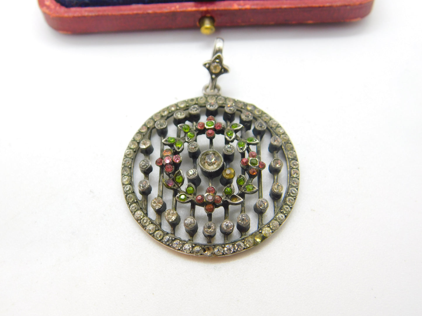 Victorian Austrian Sterling Silver & Colourful Paste Set Floral Pendant c1860