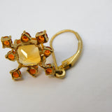 9ct Yellow Gold, Citrine & Garnet Set Floral Hook Earrings Vintage c1980