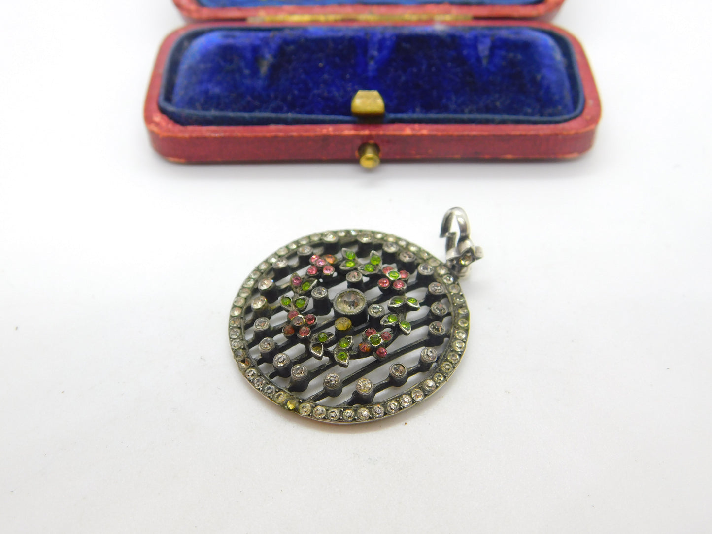 Victorian Austrian Sterling Silver & Colourful Paste Set Floral Pendant c1860