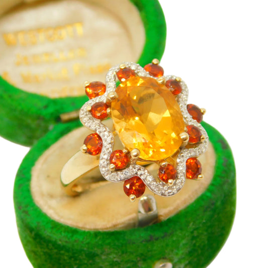9ct gold, diamond, citrine, garnet ring