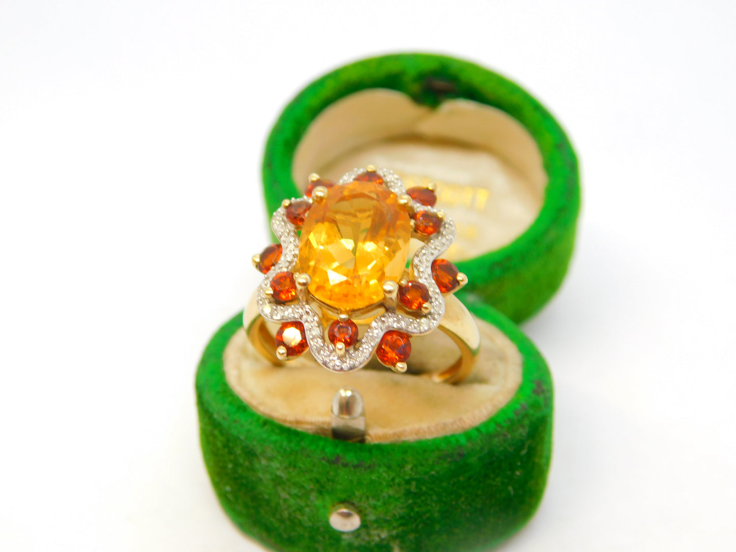 9ct Gold, Citrine, Garnet & Diamond Set Floral Ring Vintage 2005 Birmingham