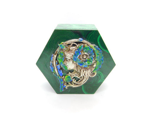 Art Nouveau Malachite, Sterling Silver & Enamel Fairy Trinket Box Antique c1920