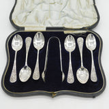 Boxed Sterling Silver Picture Back Teaspoons & Tongs Set Antique 1918 London Art Deco