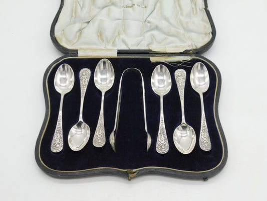 Boxed Sterling Silver Picture Back Teaspoons & Tongs Set Antique 1918 London Art Deco