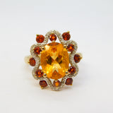 9ct Gold, Citrine, Garnet & Diamond Set Floral Ring Vintage 2005 Birmingham