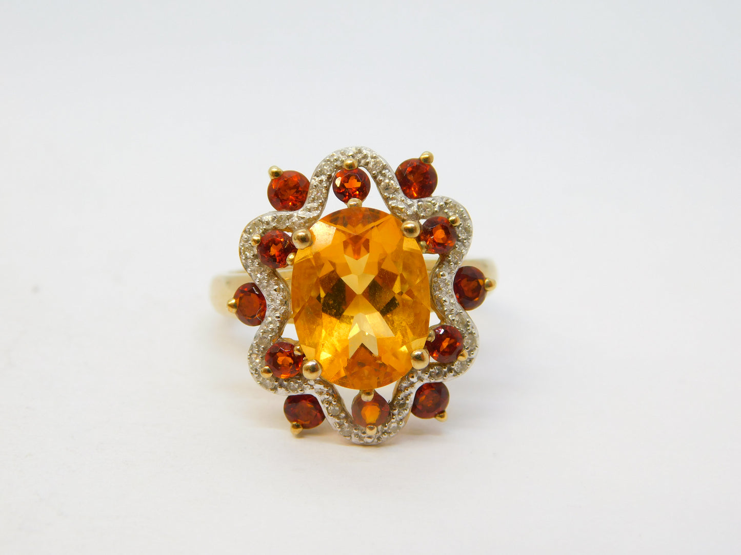 9ct Gold, Citrine, Garnet & Diamond Set Floral Ring Vintage 2005 Birmingham