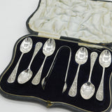 Boxed Sterling Silver Picture Back Teaspoons & Tongs Set Antique 1918 London Art Deco