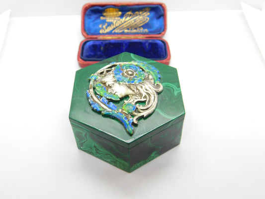 Art Nouveau Malachite, Sterling Silver & Enamel Fairy Trinket Box Antique c1920