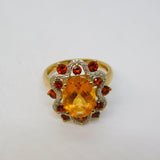9ct Gold, Citrine, Garnet & Diamond Set Floral Ring Vintage 2005 Birmingham