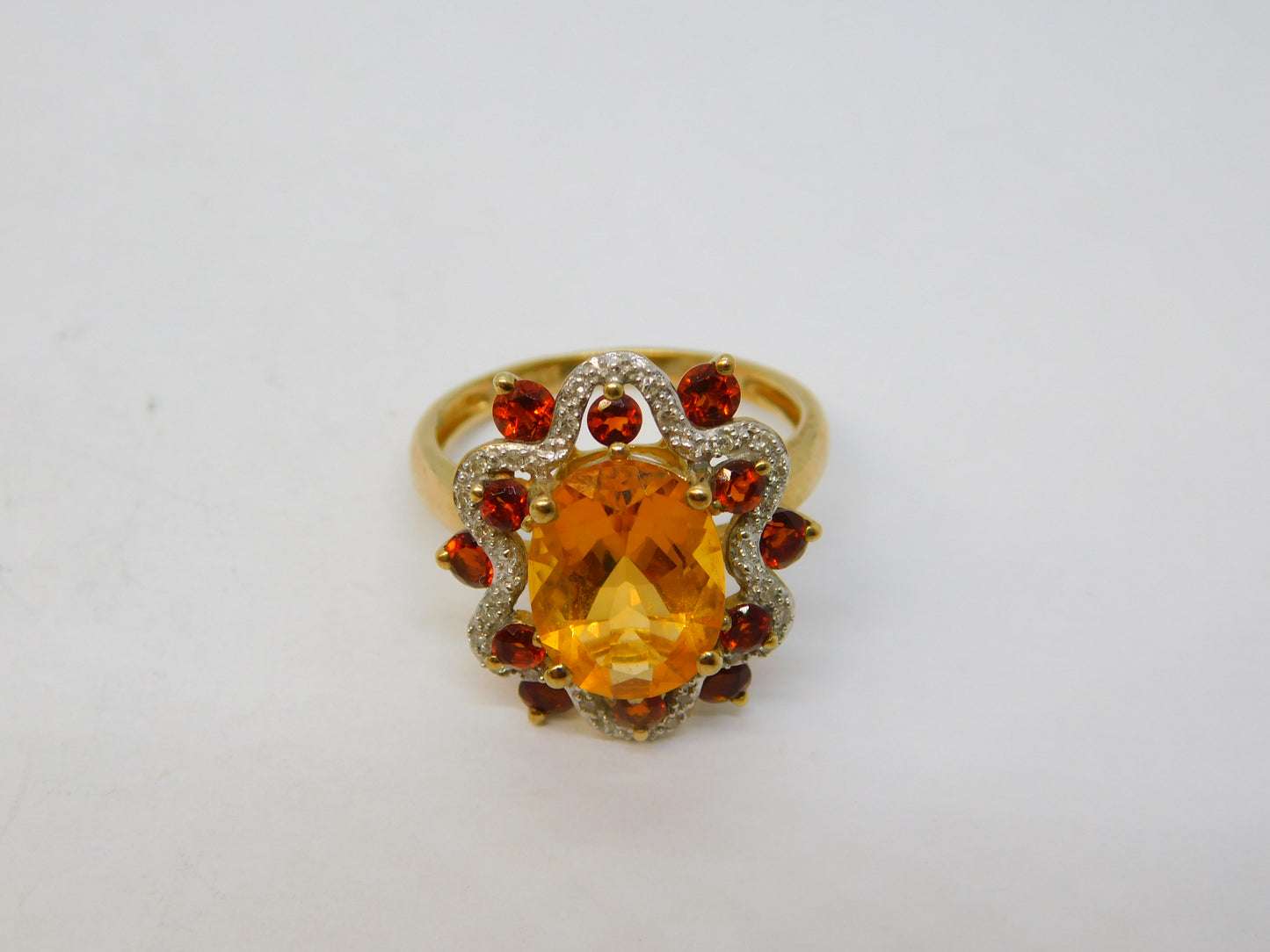 9ct Gold, Citrine, Garnet & Diamond Set Floral Ring Vintage 2005 Birmingham