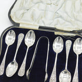 Boxed Sterling Silver Picture Back Teaspoons & Tongs Set Antique 1918 London Art Deco
