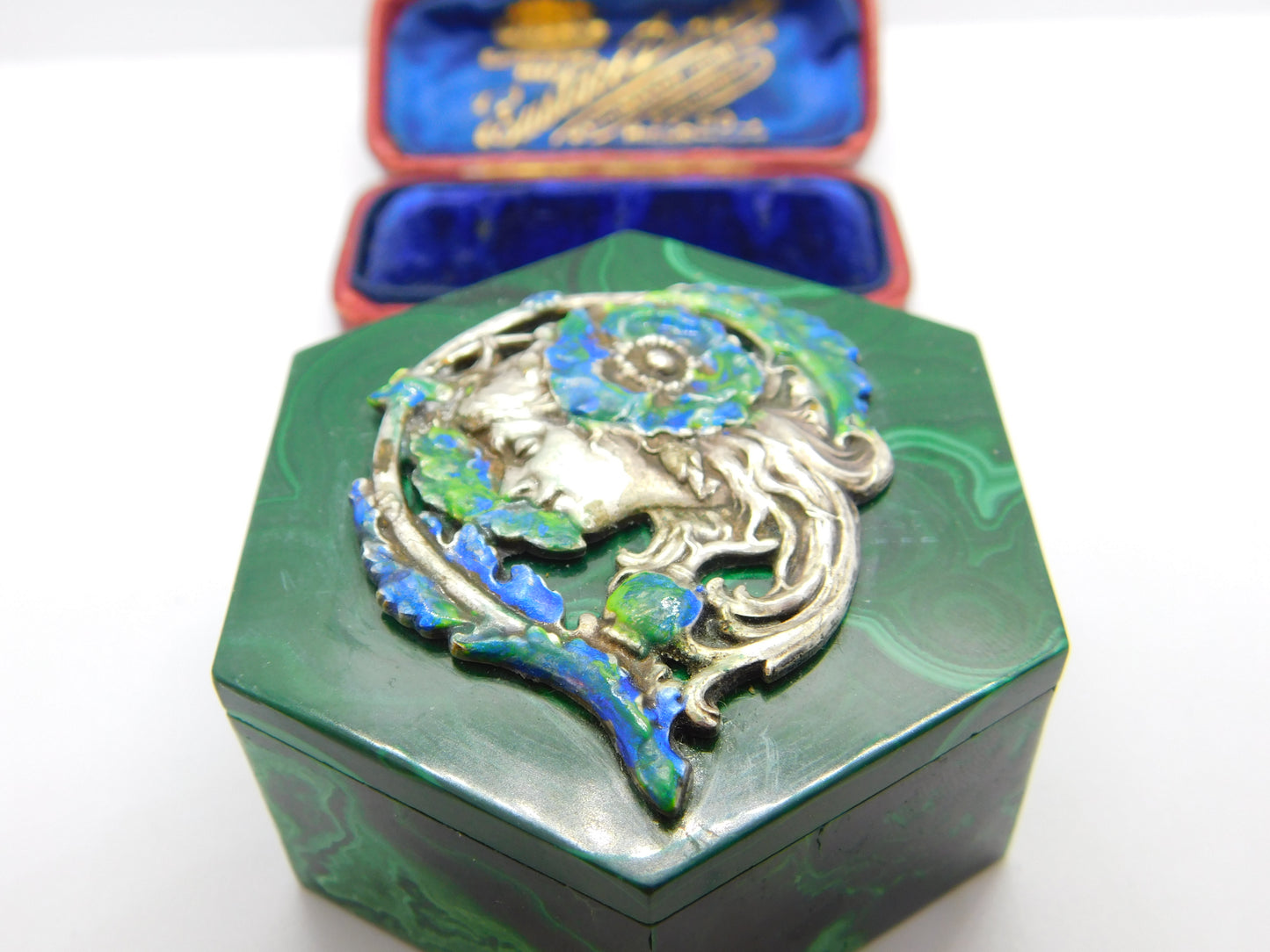 Art Nouveau Malachite, Sterling Silver & Enamel Fairy Trinket Box Antique c1920