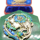 Art Nouveau Malachite, Sterling Silver & Enamel Fairy Trinket Box Antique c1920