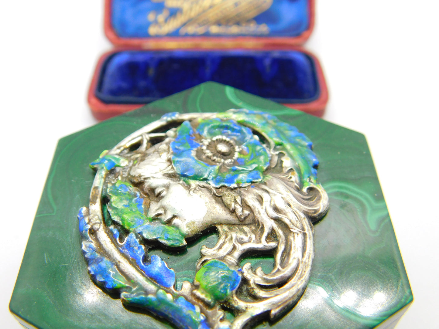 Art Nouveau Malachite, Sterling Silver & Enamel Fairy Trinket Box Antique c1920