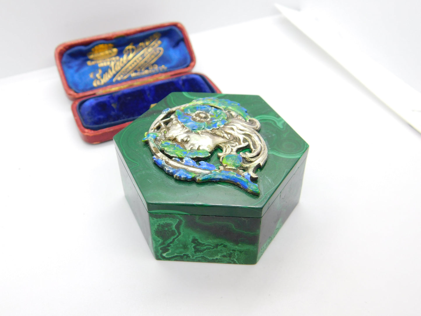 Art Nouveau Malachite, Sterling Silver & Enamel Fairy Trinket Box Antique c1920