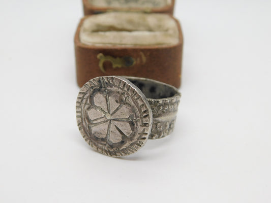 19th Century Ottoman Sterling Silver Floral Seal Stamp Ring Antique c1860